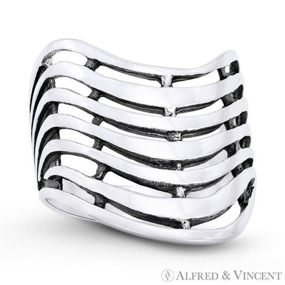 Multi Row Wide-Design V-Ring in Oxidized .925 Sterling Silver - Size 9 - Picture 1 of 1